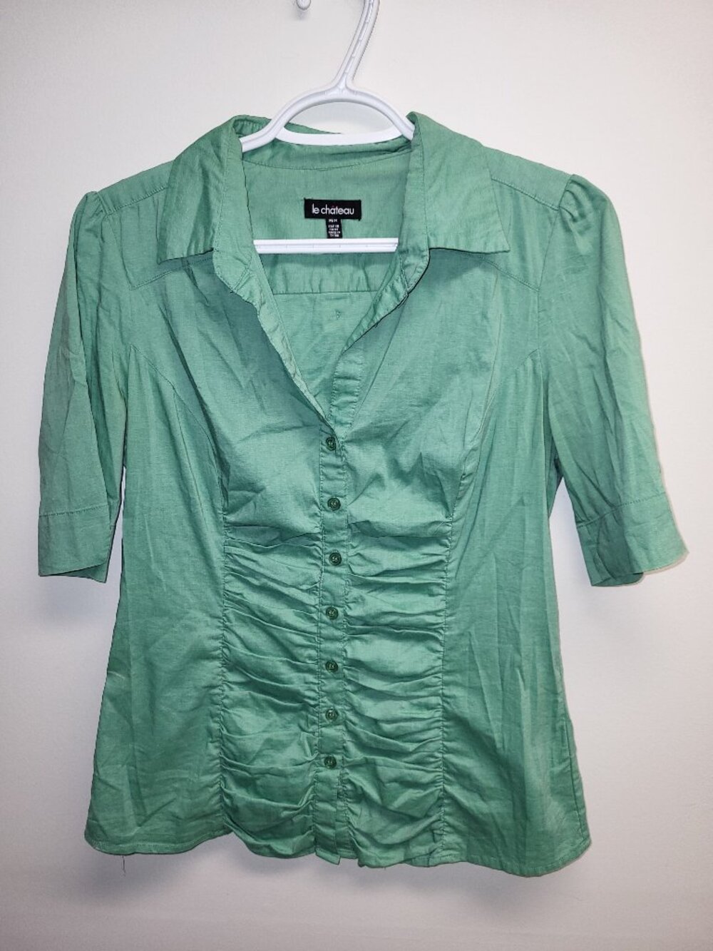 Le Chateau Mint Green Ruched Button Front Blouse Medium